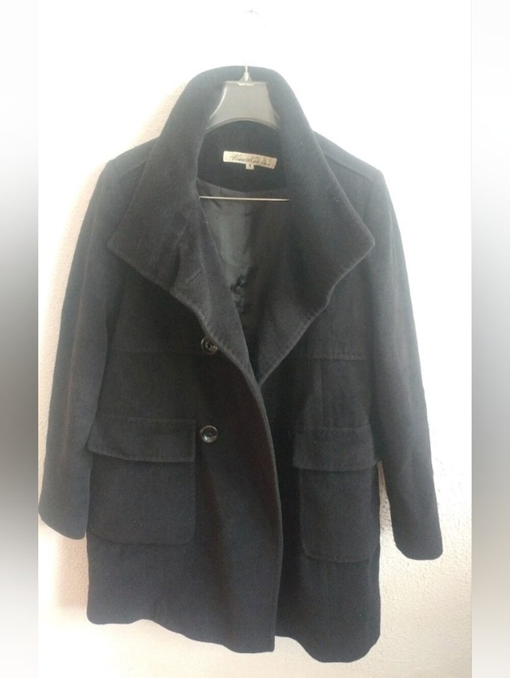 Kenneth Cole NY Womens Wool Coat Black Pea Trench DB Front Flap Pockets size 4